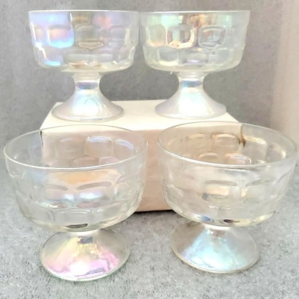 Vintage 4pc Aurora Iridescent Footed Dessert Cups Thumbprint Optic Federal Glass